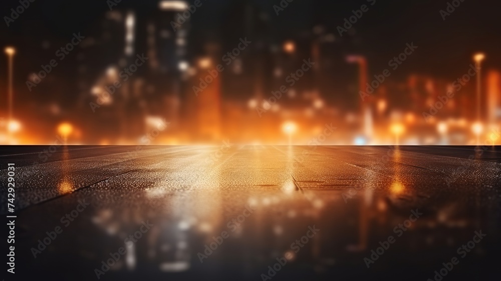 Obraz premium Light effect, blurred background. Wet asphalt, night view of the city, neon reflections on the concrete floor. Night empty stage, studio. Dark abstract background, dark empty street. Night city