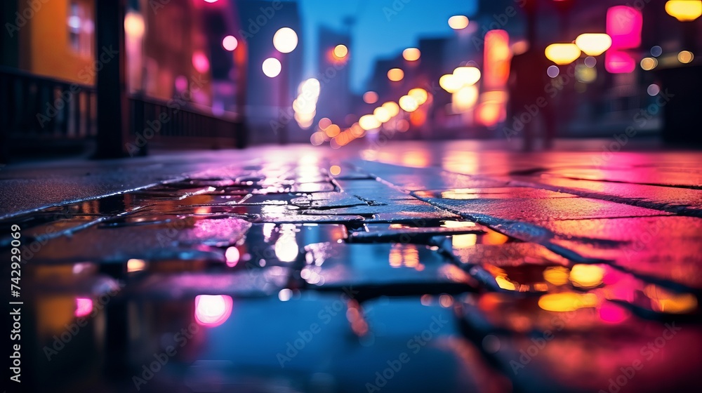 Multi-colored neon lights on a dark city street, reflection of neon light in puddles and water. Abstract night background, blurred bokeh light. Night view
