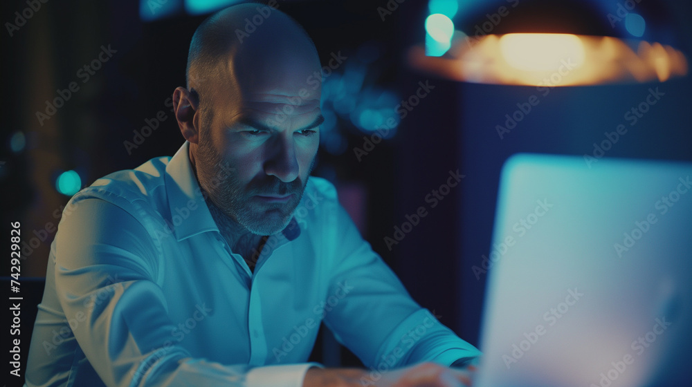 Business portrait - businessman using laptop computer in office, thinking. Happy middle aged man, entrepreneur working online. . Business portrait - businessman using laptop computer in office, thinking. Happy middle aged man, entrepreneur working online. .