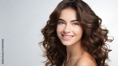 Portrait of beautiful naturally brunette woman, smiling and looking confident in camera. Close-up portrait of cute female girl isolated on white background