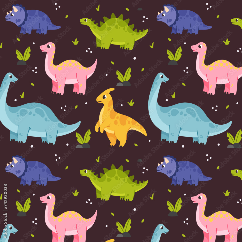 Obraz premium Cute pattern with dinosaurs, different colors, great kids print, for clothing and wrapping paper, on a colored background