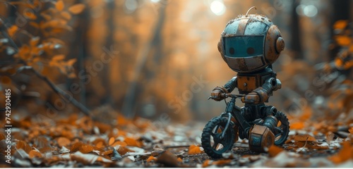 Toy robot is sitting on a bike in a forest