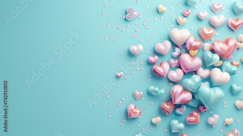 3D hearts with copy space in candy pastel color on  blue background, bright and rich for design
