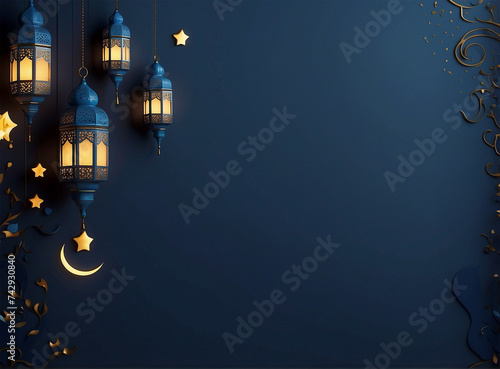 Ramadan Kareem luxurious flat dark blue background design with blue color lantern decoration photo