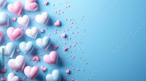 3D hearts with copy space in candy pastel color on  blue background, bright and rich for design