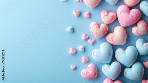 3D hearts with copy space in candy pastel color on  blue background, bright and rich for design