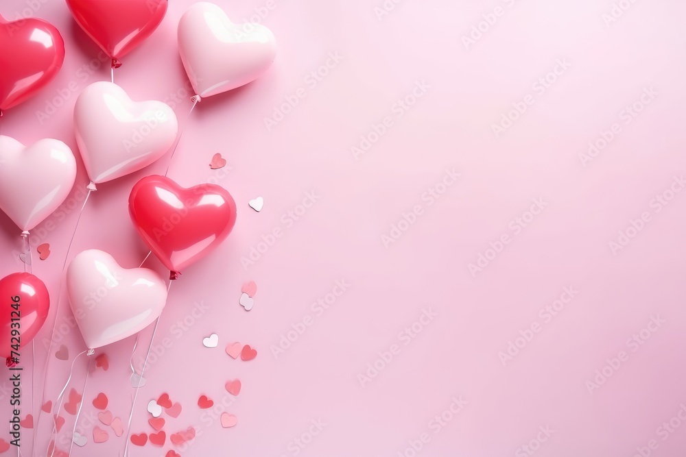 Romantic composition of red and white heart-shaped balloons with floating paper hearts on a soft pink backdrop, ideal for Valentine's Day.
