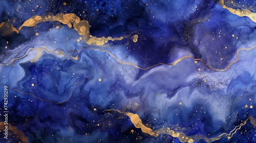 A seamless background of deep blues, purples, and golds, suggesting a night sky or galaxy, with watercolor textures adding depth and a sense of the infinite.  © Muhammad