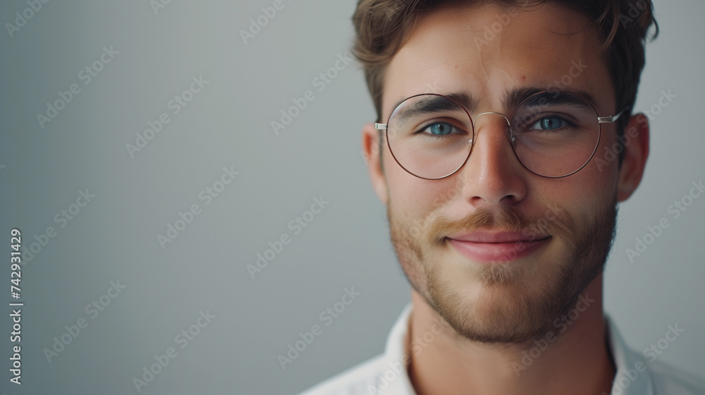 Close up Smiling Young Businessman Wearing Eyeglasses, Looking at the Camera Against Gray Wall Background with Copy Space . Close up Smiling Young Businessman Wearing Eyeglasses, Looking at the Camera Against Gray Wall Background with Copy Space .