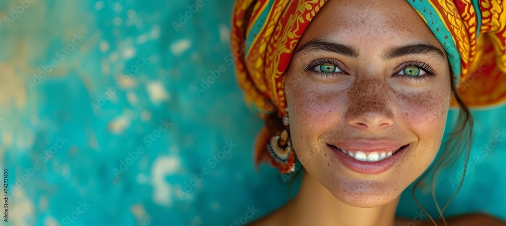 a woman wearing a head scarf has a bright smile