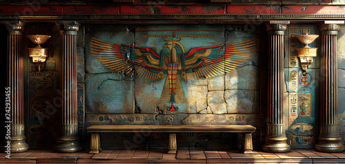 landscape Ancient Bird Egyptian hieroglyphs on ancient background photo