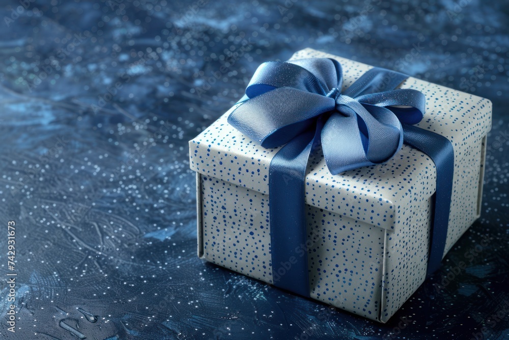 small Luxury gift box with a blue bow on dark blue table, Corporate gift concept or birthday party, Festive sale copy space banner small Luxury gift box with a blue bow on dark blue table, Corporate gift concept or birthday party, Festive sale copy space banner