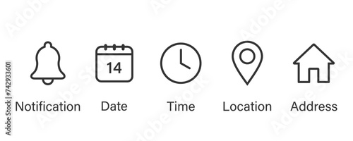 Bell, clock, calendar, location, and address icons symbol.