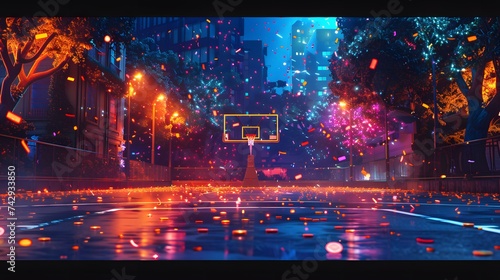 illustration vivid colours style basketball court background