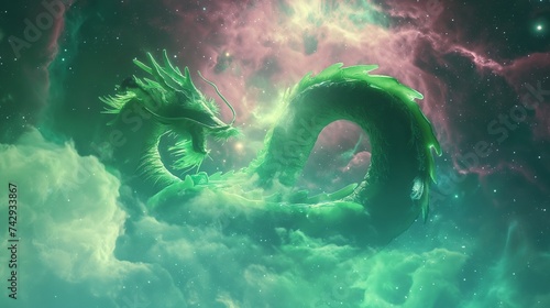 A vivid green jade dragon, writhing elegantly amidst whirling nebulae that cast pink, blue, and green hues across the astral background