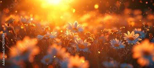 daisy field during sunset