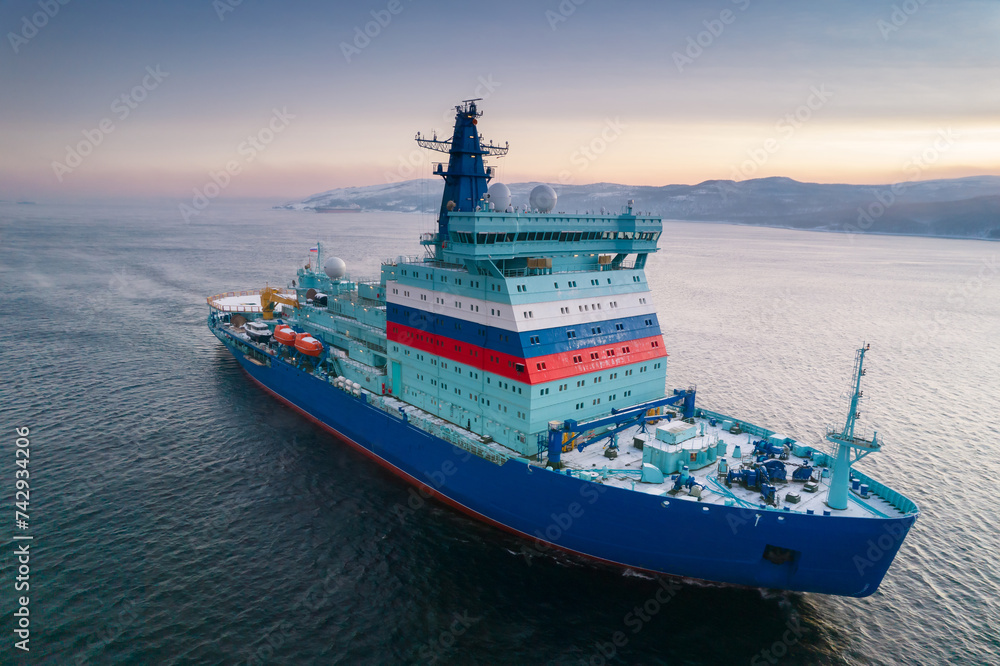 Obraz premium The new Russian nuclear icebreaker project 22220 in the Barents Sea. Murmansk region, Kola Bay.