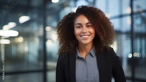 Smiling young mixed race businesswoman looking away
