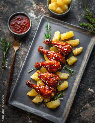 Geschmacksexplosion: Chicken Wings mit süß-saurer Sauce und saftigen Ananasstücken photo