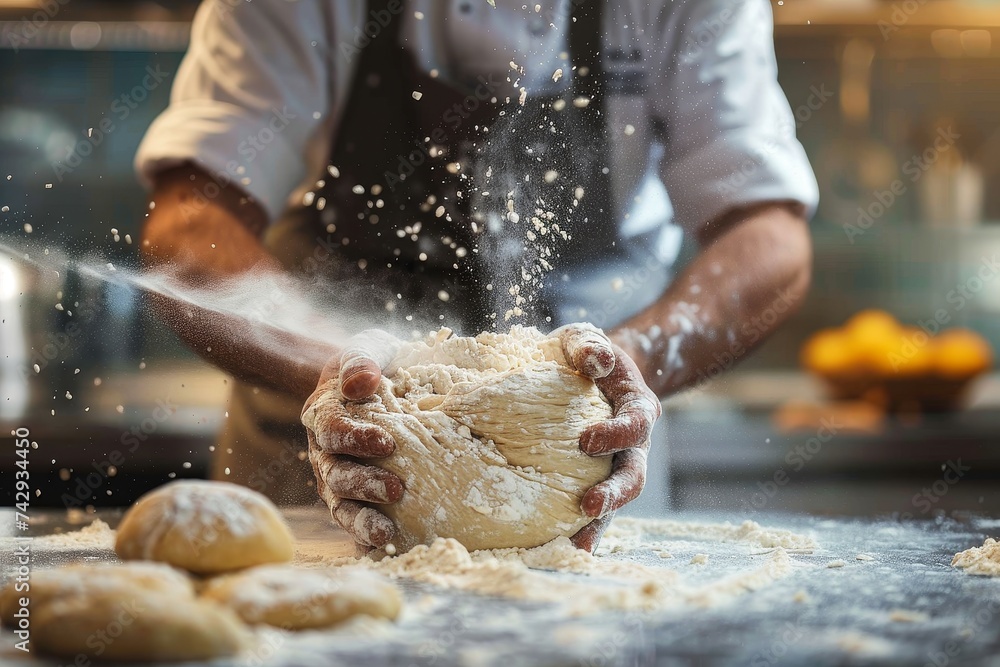 Amidst the flurry of a busy kitchen, a skilled cook carefully crafts a smooth and pliable dough, expertly blending flour and other ingredients into a culinary masterpiece Amidst the flurry of a busy kitchen, a skilled cook carefully crafts a smooth and pliable dough, expertly blending flour and other ingredients into a culinary masterpiece