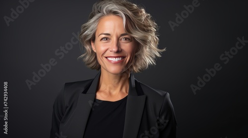 Studio portrait shot of attractive middle aged woman with toothy smile wearing blazer while standing at isolated dark grey background. Copy space.