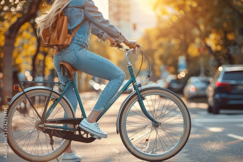 A stylish woman effortlessly navigates the bustling streets on her sleek road bicycle, the spinning wheels and smooth ride reflecting her free spirit and love for outdoor adventures photo