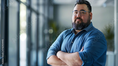 copy space, stockphoto, Shot of plus size businessman in modern office environment , business realted panorama web banner. Heavy weight businessman posing in an office environment. Body inclusive them