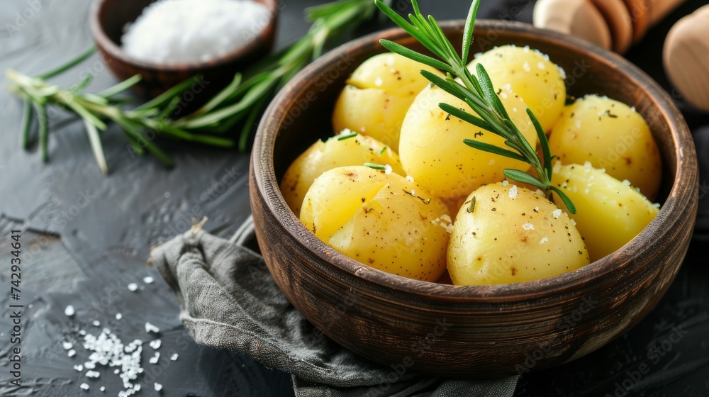 potatoes with rosemary in a bowl served on wooden table with copy space potatoes with rosemary in a bowl served on wooden table with copy space