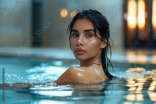 A serene young woman gracefully swims in an indoor pool  her human face reflecting the tranquil water as she finds solace and freedom in the depths below