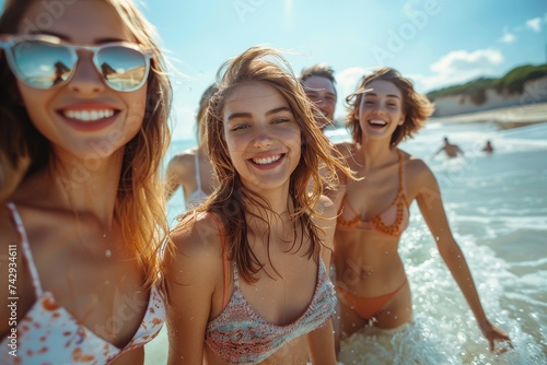 A joyful group of women in stylish swimwear stand on the beach, their beaming faces and vibrant clothing contrasting against the clear blue sky, as they enjoy a fun and carefree summer vacation by th