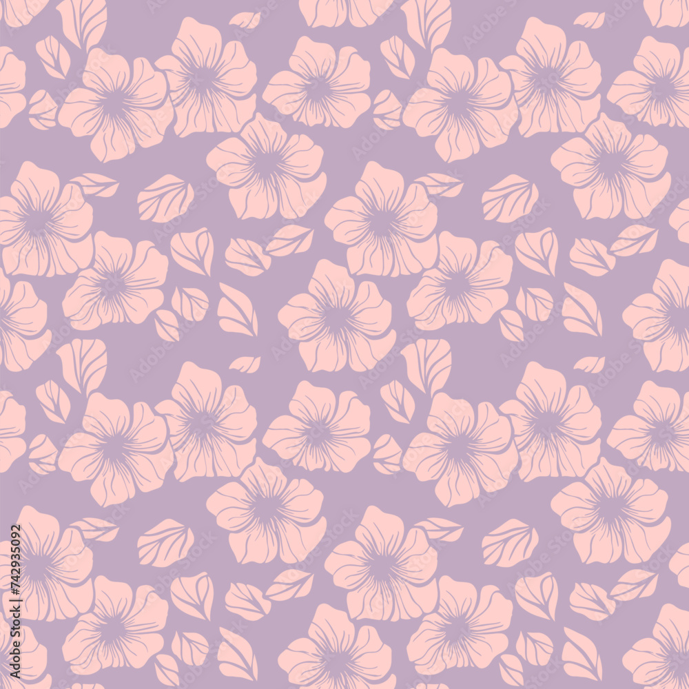 Simple elegant vector floral seamless pattern. Cute romantic ornament texture with plain exotic flowers, leaves. Lilac and pink color. Fashionable botanical background. Repeatable decorative design