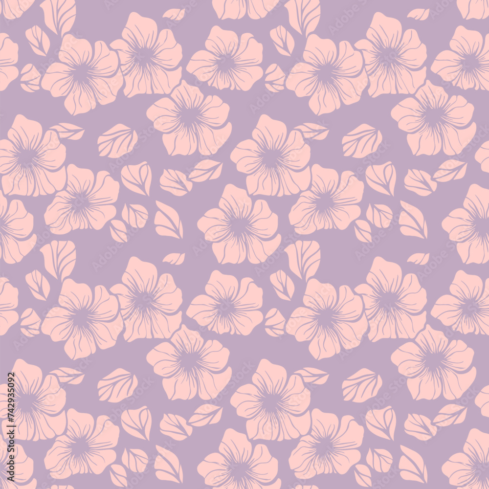 Simple elegant vector floral seamless pattern. Cute romantic ornament texture with plain exotic flowers, leaves. Lilac and pink color. Fashionable botanical background. Repeatable decorative design Simple elegant vector floral seamless pattern. Cute romantic ornament texture with plain exotic flowers, leaves. Lilac and pink color. Fashionable botanical background. Repeatable decorative design