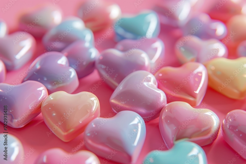 3D hearts with copy space in candy pastel color on pink background 3D hearts with copy space in candy pastel color on pink background