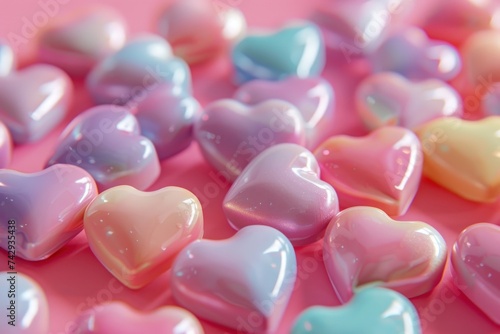 3D hearts with copy space in candy pastel color on pink background
