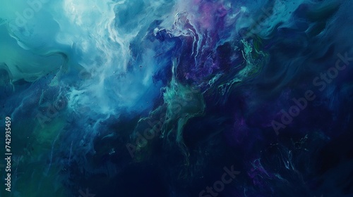An abstract art piece inspired by the ocean's depths, blending blues, greens, and purples to mimic the underwater world. photo