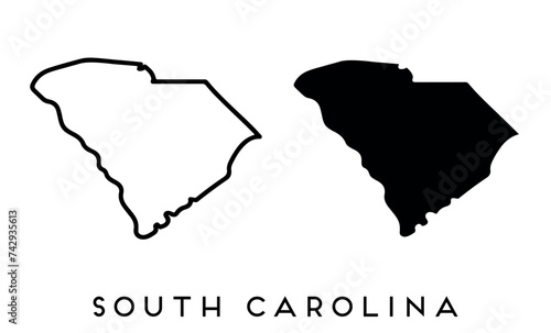 South Carolina state map silhouette and outline vector set