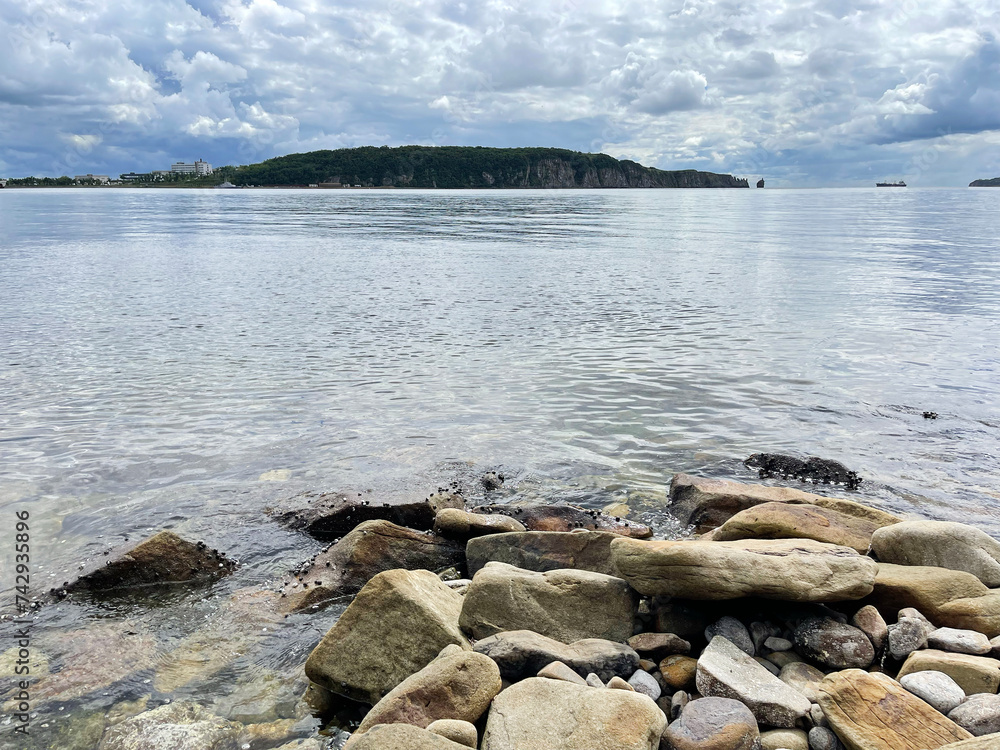 Vladivostok, Ussuri Bay near Patrokl Bay in cloudy summer weather
