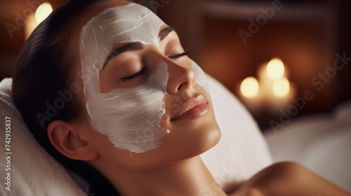 A beautiful woman enjoying a luxurious cream face mask treatment in a serene spa.