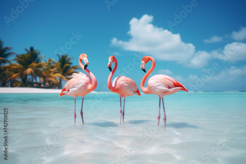 Beautiful flamingo birds on the beach