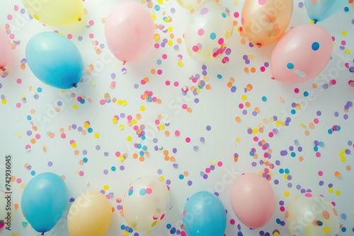 colorful balloons and confetti for a holiday , wallpaper background , blank wall for text