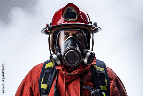 A firefighter confidently wearing a red face mask on a white background.