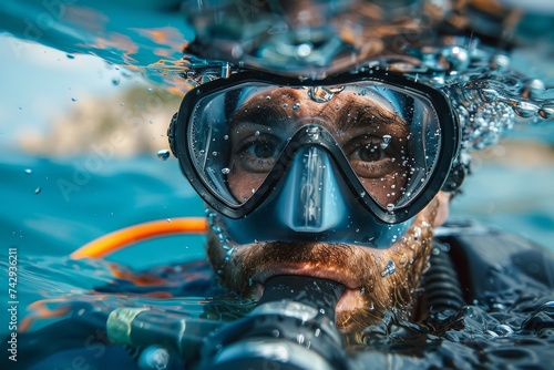 A skilled divemaster wearing scuba gear takes a deep breath of oxygen before plunging into the mesmerizing world of underwater diving photo