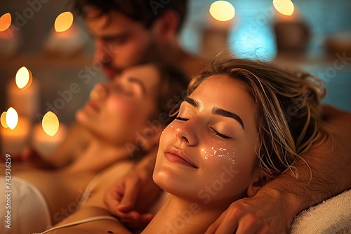 A blissful moment of relaxation captured in a spa, as a group of smiling individuals bask in the warm glow of candles, their faces illuminated with contentment