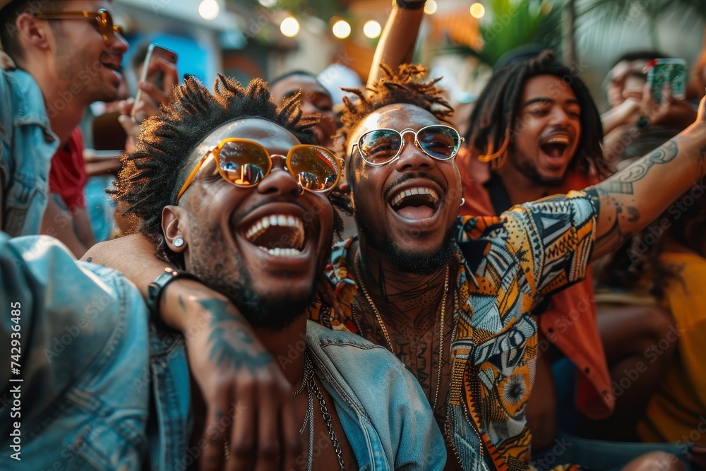 A joyous group of men, their faces beaming with wide smiles, dressed in vibrant festival attire, dance and laugh together in the warm outdoor air as they celebrate with fans and other people