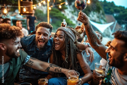 A vibrant group of friends enjoying each other's company, their faces adorned with genuine smiles as they raise their glasses in celebration at an outdoor festival
