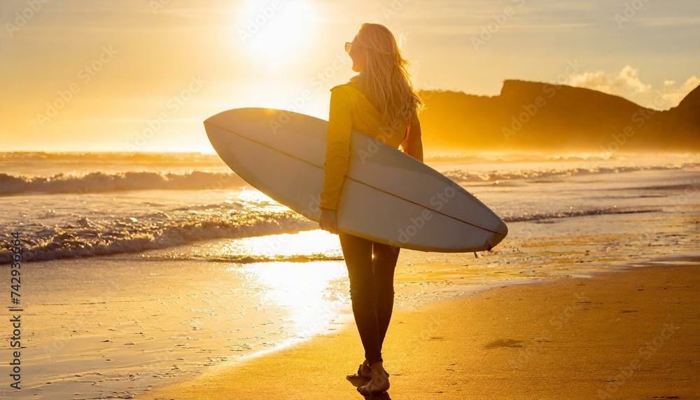 Junge Frau trägt Surfbrett am Strand beim Sonnenuntergang - obrazy, fototapety, plakaty 