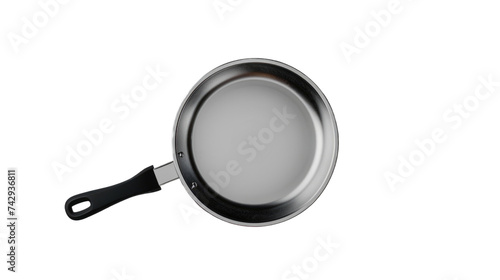 Stainless Steel Frying Pan on Black. High-quality stainless steel frying pan with a black handle, isolated on a dark background.