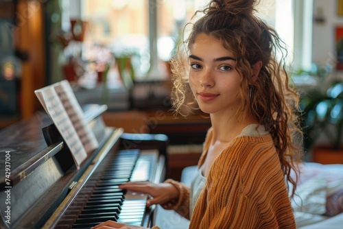 A talented pianist pours her heart and soul into the keys of her beloved instrument, creating a beautiful melody that fills the room with emotion and passion