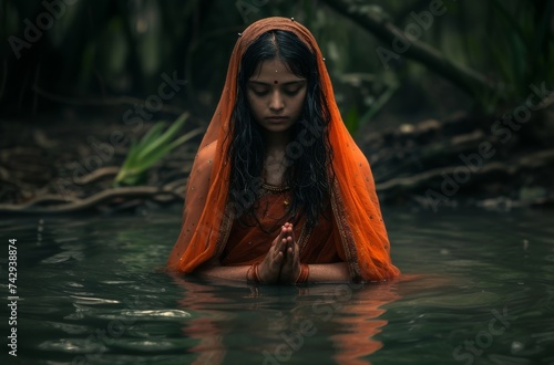 A stunning woman in a vibrant red dress submerges herself in the serene waters, her face radiating with beauty and grace in the midst of nature photo