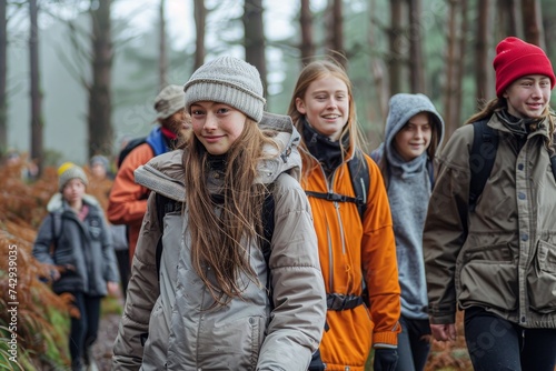 A smiling group of hikers, clad in warm outerwear and scarves, stand among the towering trees of the winter forest